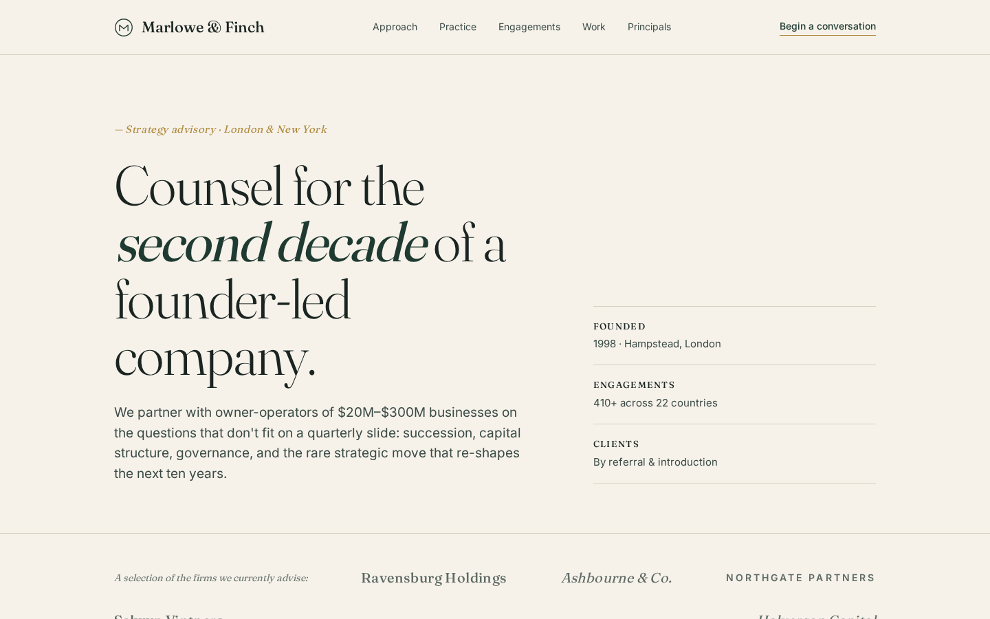 Concept site for an independent consultant: editorial layout, services, and contact form.